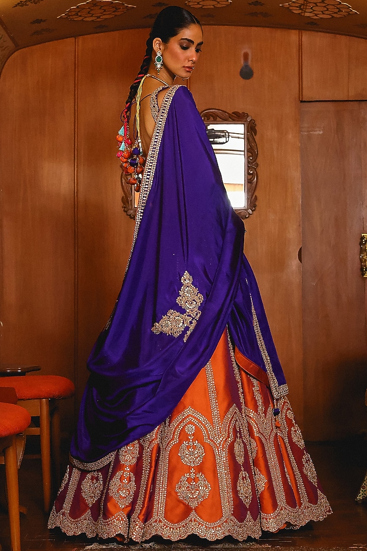 Rust Orange Silk Sequins Hand Embroidered Wedding Lehenga Set by SABE at Pernia's Pop Up Shop