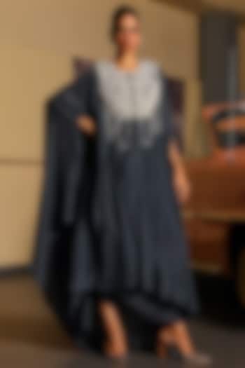 English Charcoal Grey Pure Silk Pearl Hand Embroidered Cocktail Dress by SABE at Pernia's Pop Up Shop