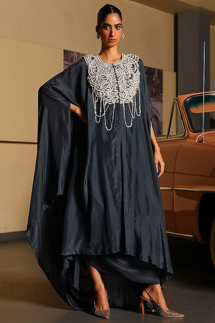 English Charcoal Grey Pure Silk Pearl Hand Embroidered Cocktail Dress by SABE at Pernia's Pop Up Shop
