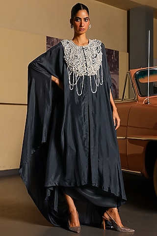 English Charcoal Grey Pure Silk Pearl Hand Embroidered Dress by SABE