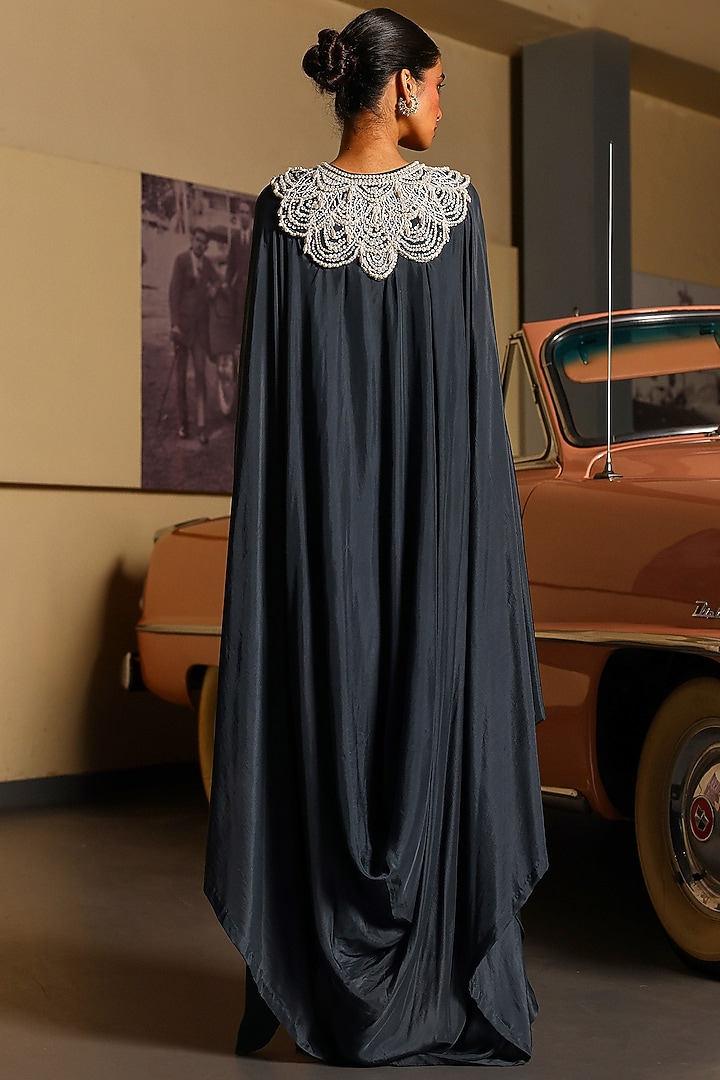 English Charcoal Grey Pure Silk Pearl Hand Embroidered Cocktail Dress by SABE at Pernia's Pop Up Shop