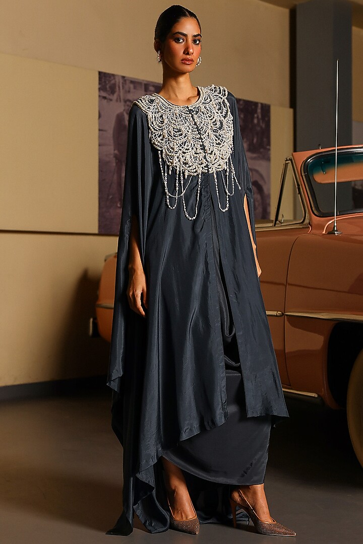 English Charcoal Grey Pure Silk Pearl Hand Embroidered Cocktail Dress by SABE at Pernia's Pop Up Shop
