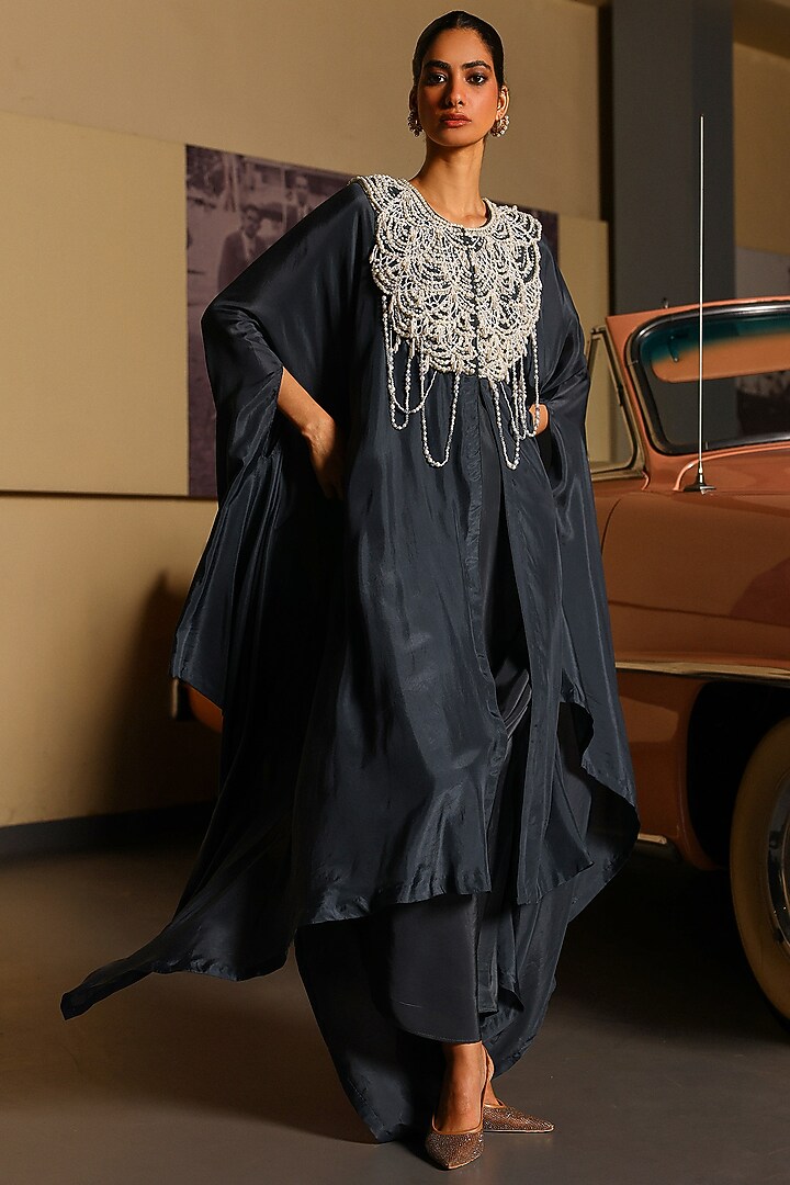 English Charcoal Grey Pure Silk Pearl Hand Embroidered Cocktail Dress by SABE at Pernia's Pop Up Shop