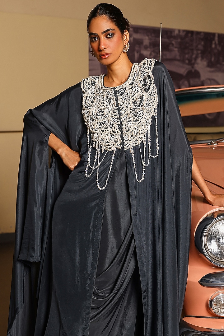 English Charcoal Grey Pure Silk Pearl Hand Embroidered Cocktail Dress by SABE at Pernia's Pop Up Shop