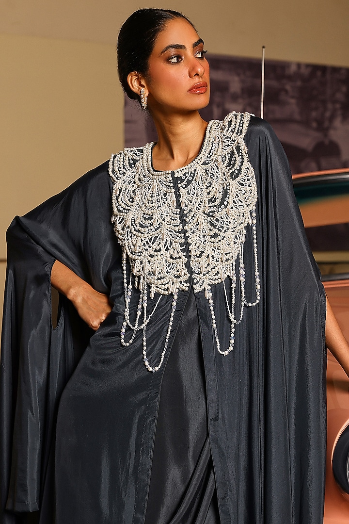 English Charcoal Grey Pure Silk Pearl Hand Embroidered Cocktail Dress by SABE at Pernia's Pop Up Shop