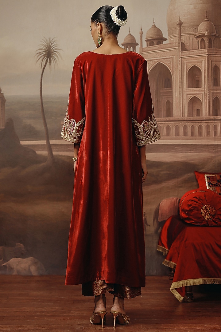 Rust Velvet Dabka Embroidered Kaftan Set by SABE at Pernia's Pop Up Shop