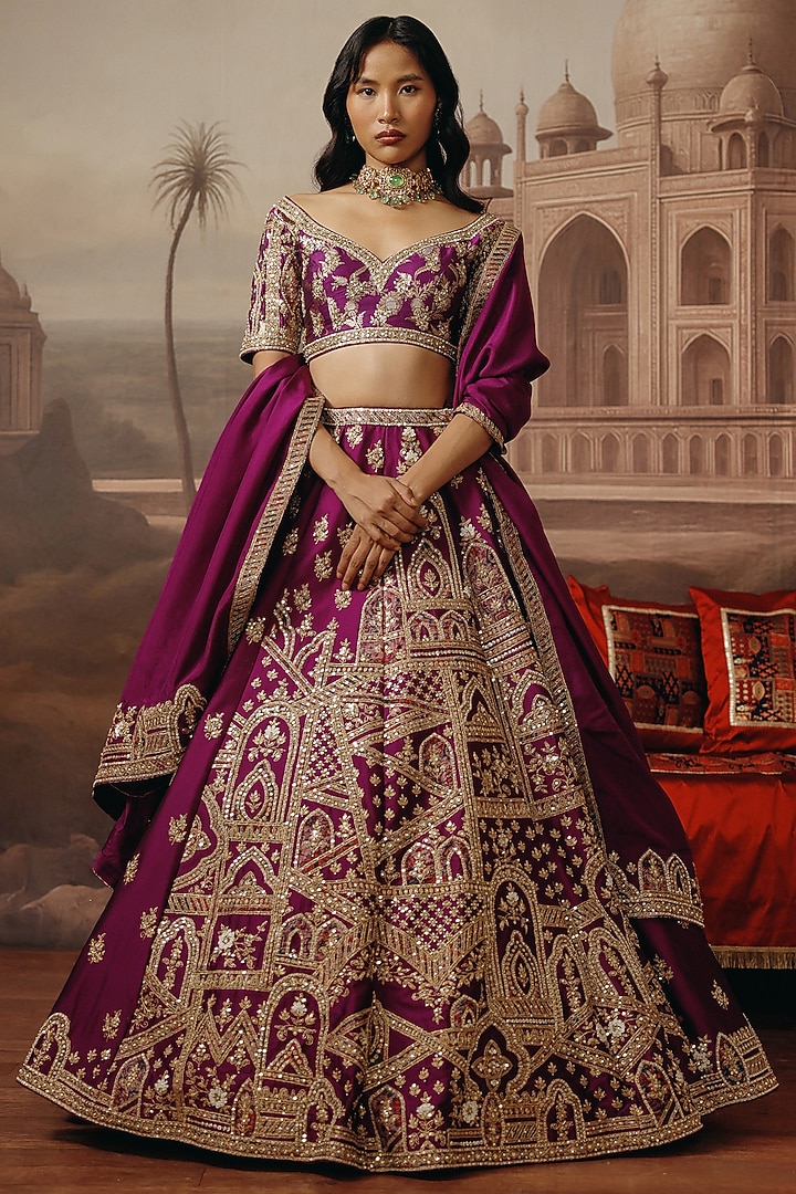 Purple Silk Resham Embroidered Wedding Lehenga Set by SABE at Pernia's Pop Up Shop
