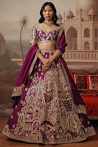 Purple Silk Resham Embroidered Lehenga Set by SABE