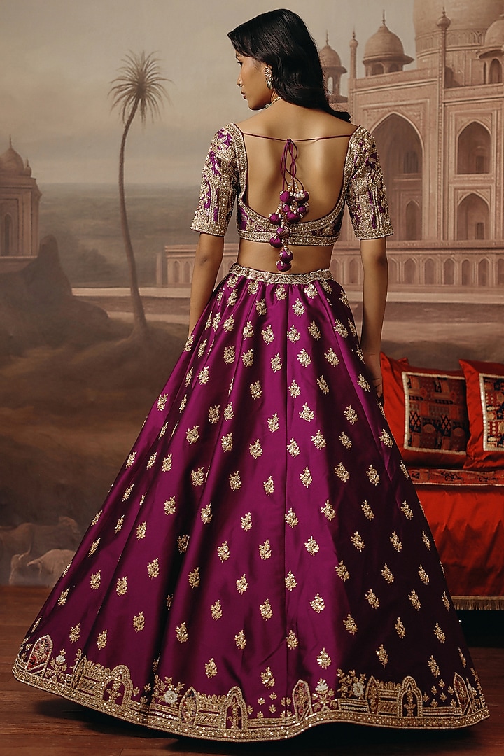 Purple Silk Resham Embroidered Wedding Lehenga Set by SABE at Pernia's Pop Up Shop