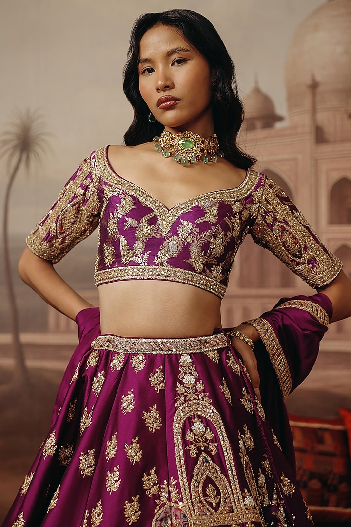 Purple Silk Resham Embroidered Wedding Lehenga Set by SABE at Pernia's Pop Up Shop