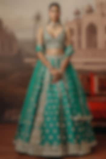 Green Silk Resham Embroidered Wedding Lehenga Set by SABE at Pernia's Pop Up Shop