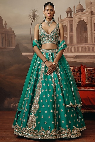 Green Silk Resham Embroidered Lehenga Set by SABE