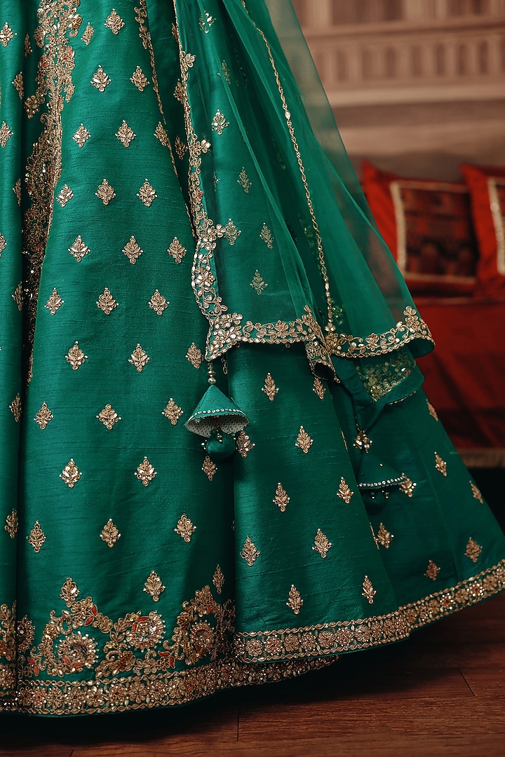 Green Silk Resham Embroidered Wedding Lehenga Set by SABE at Pernia's Pop Up Shop