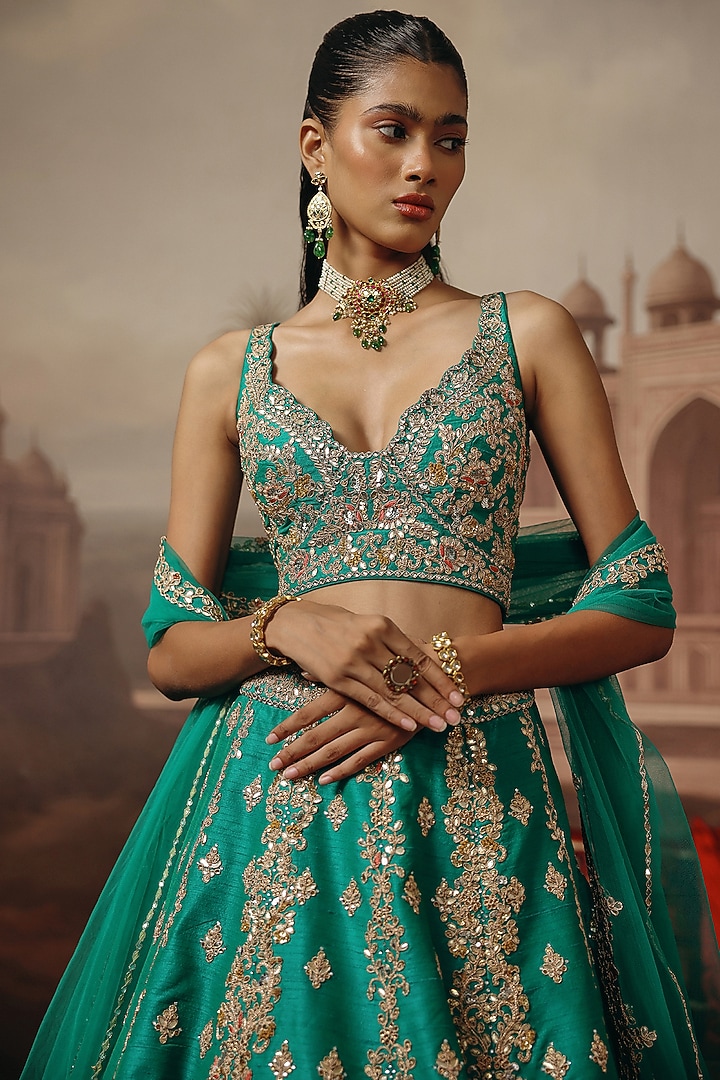 Green Silk Resham Embroidered Wedding Lehenga Set by SABE at Pernia's Pop Up Shop