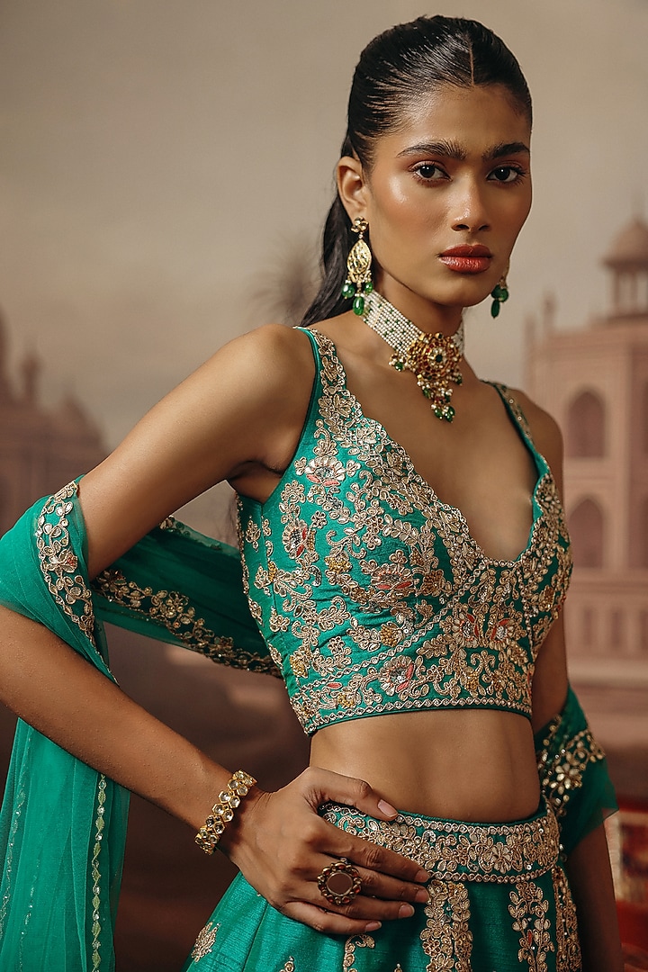 Green Silk Resham Embroidered Wedding Lehenga Set by SABE at Pernia's Pop Up Shop