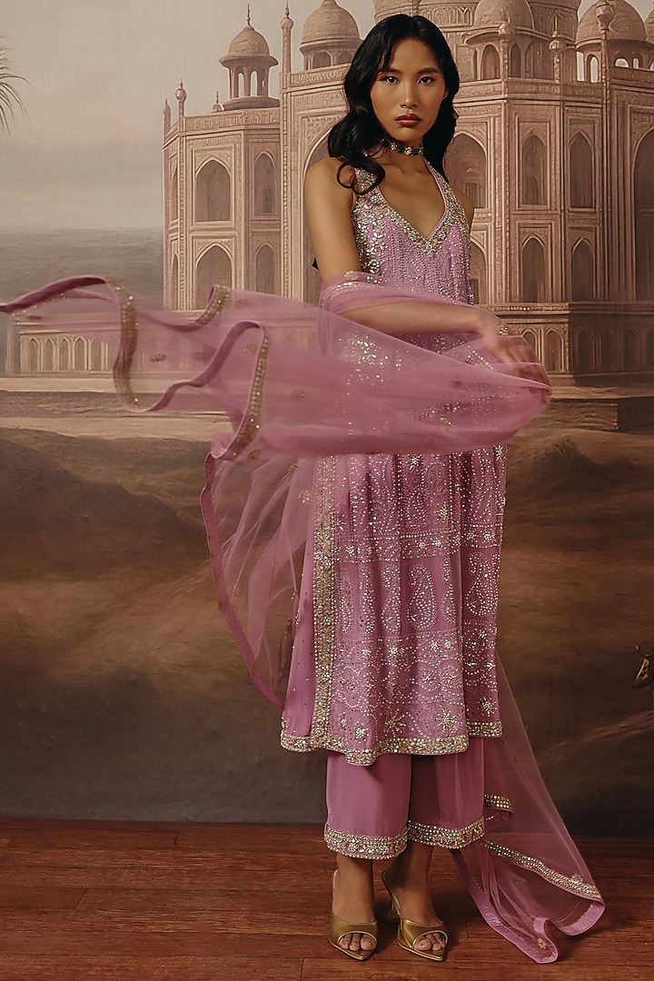 Lilac Chikankari Georgette Dabka Embroidered A-Line Kurta Set by SABE at Pernia's Pop Up Shop