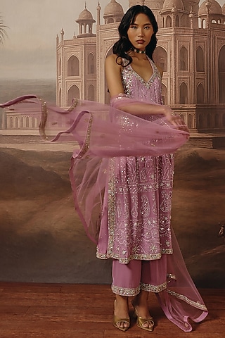 Lilac Chikankari Georgette Dabka Embroidered A-Line Kurta Set by SABE