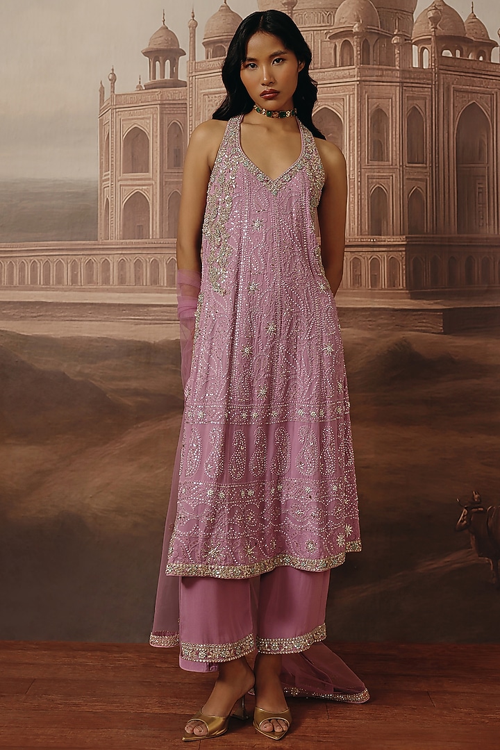 Lilac Chikankari Georgette Dabka Embroidered A-Line Kurta Set by SABE at Pernia's Pop Up Shop