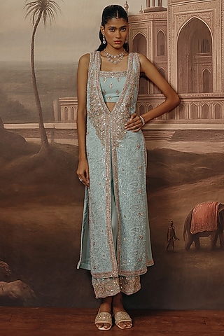 Powder Blue Chikankari Dabka Embroidered Jacket Set by SABE