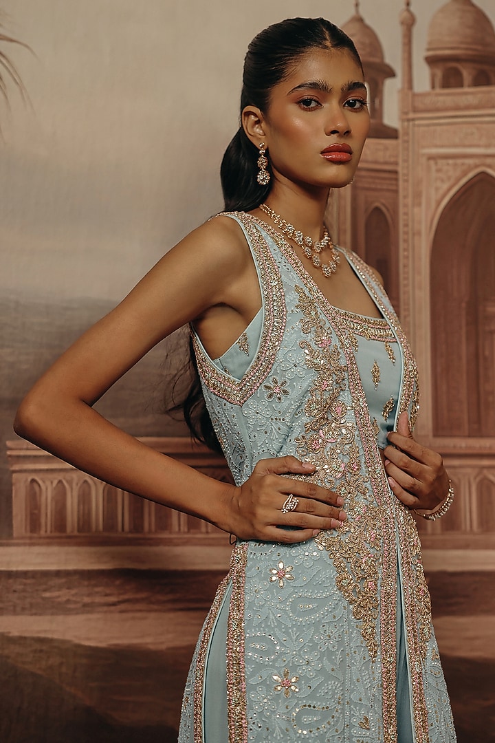 Powder Blue Chikankari Dabka Embroidered Jacket Set by SABE at Pernia's Pop Up Shop