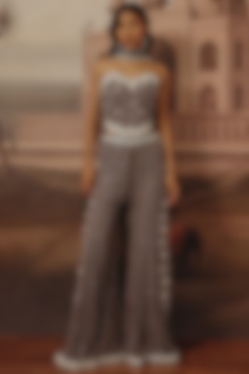 Dark Grey Chikankari Georgette Dabka Bell-Bottom Pant Set by SABE at Pernia's Pop Up Shop