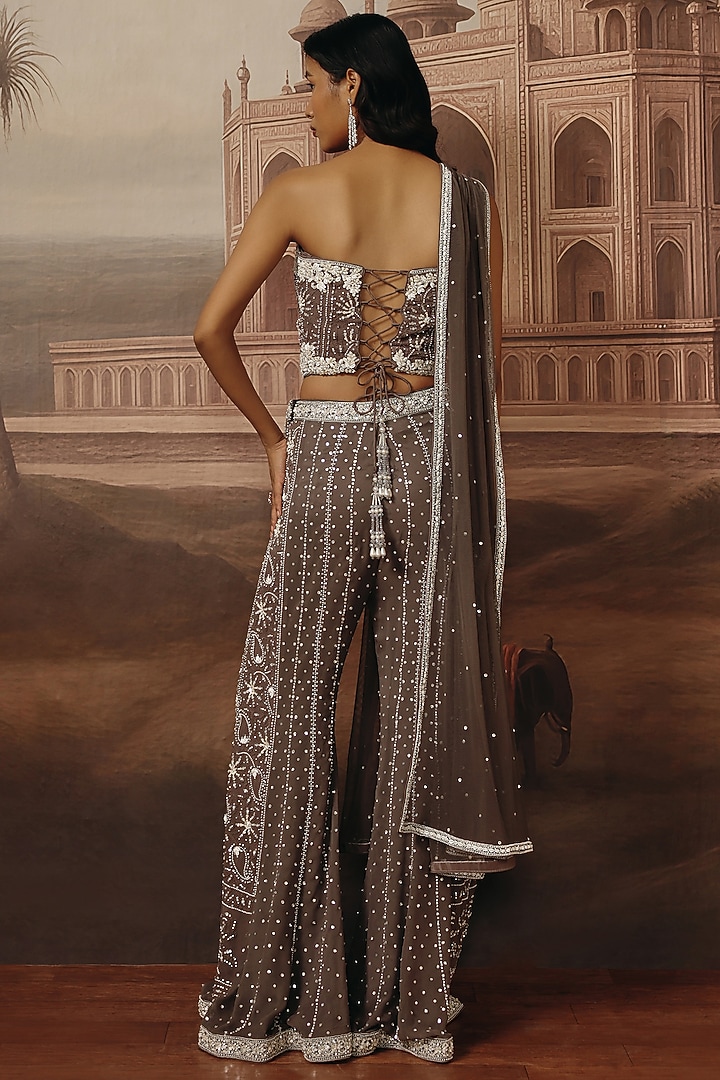 Dark Grey Chikankari Georgette Dabka Bell-Bottom Pant Set by SABE at Pernia's Pop Up Shop