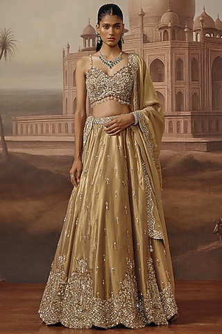 Gold Tissue Dabka Embroidered Lehenga Set by SABE