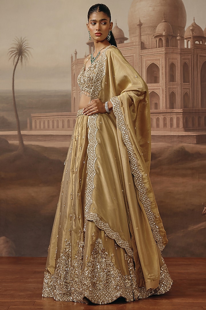 Gold Tissue Dabka Embroidered Wedding Lehenga Set by SABE at Pernia's Pop Up Shop