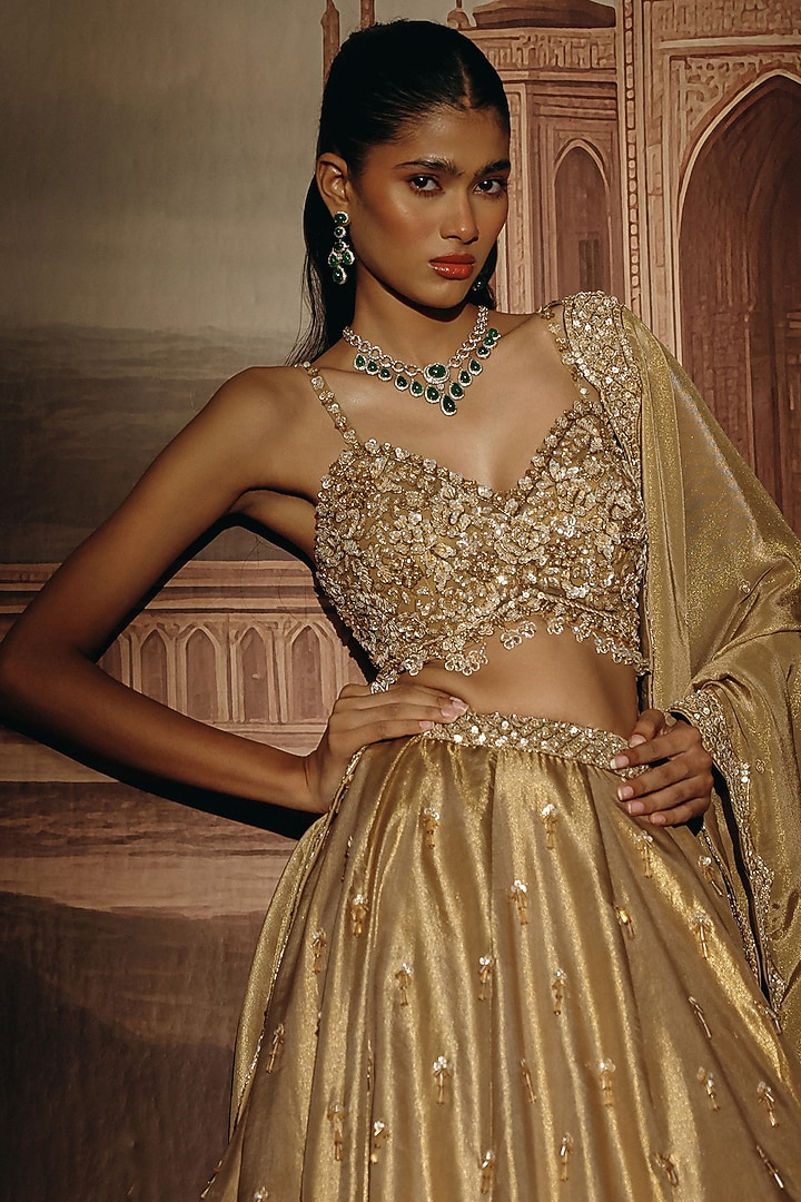 Gold Tissue Dabka Embroidered Wedding Lehenga Set by SABE at Pernia's Pop Up Shop