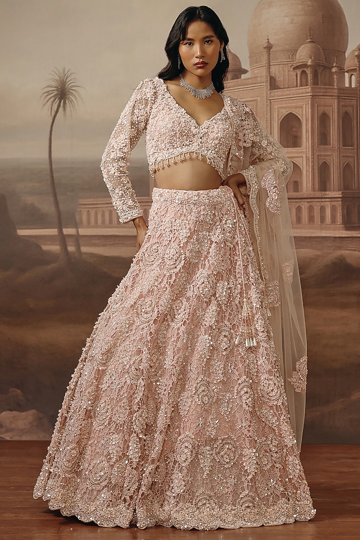 Soft Blush Hand Embroidered Bridal Lehenga Set by SABE at Pernia's Pop Up Shop