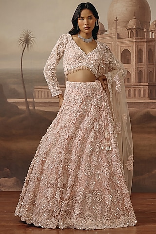 Soft Blush Hand Embroidered Lehenga Set by SABE