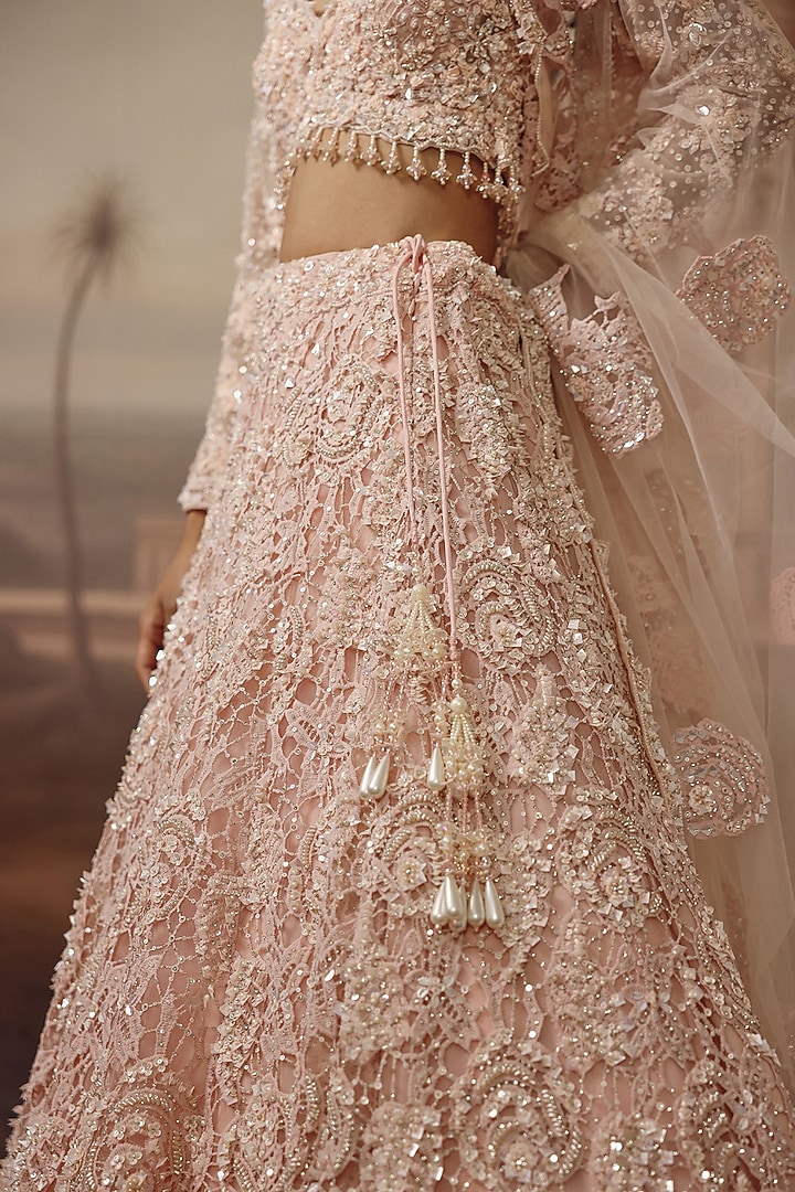 Soft Blush Hand Embroidered Bridal Lehenga Set by SABE at Pernia's Pop Up Shop