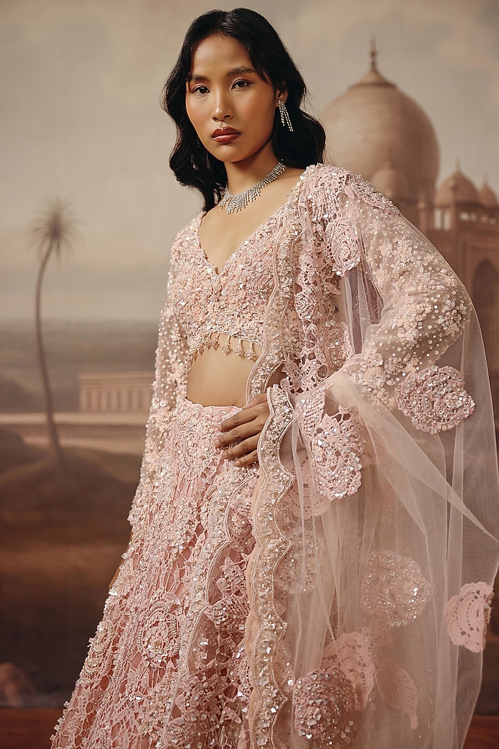 Soft Blush Hand Embroidered Bridal Lehenga Set by SABE at Pernia's Pop Up Shop