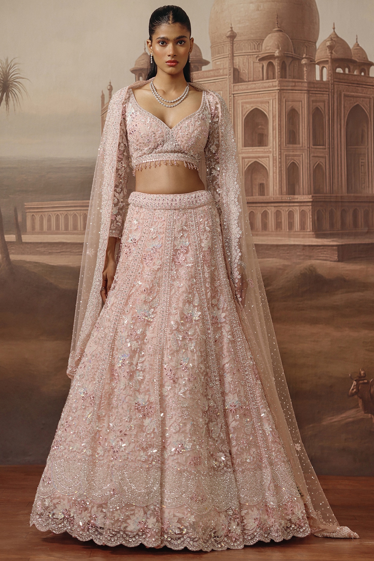 SABE Soft Pink Net Floral & Sequins Embroidered Lehenga Set