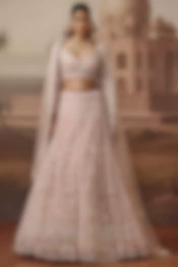 Soft Pink Net Floral & Sequins Embroidered Bridal Lehenga Set by SABE at Pernia's Pop Up Shop