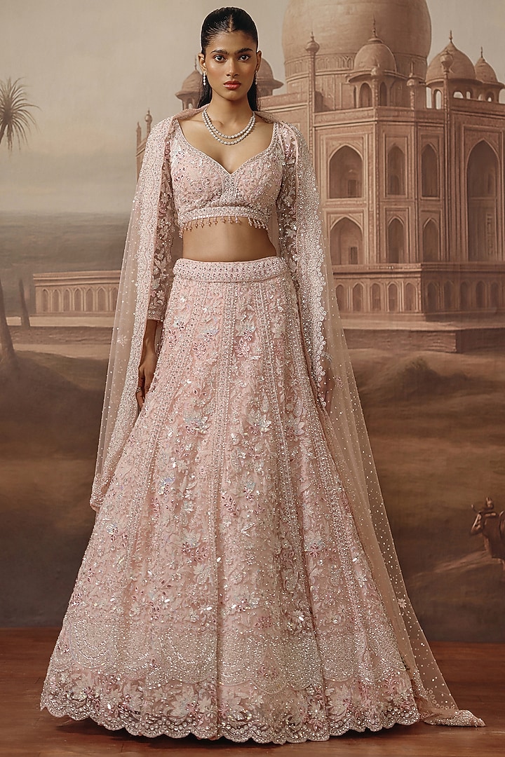 Soft Pink Net Floral & Sequins Embroidered Bridal Lehenga Set by SABE at Pernia's Pop Up Shop