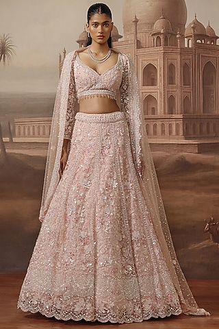 Soft Pink Net Floral & Sequins Embroidered Lehenga Set by SABE