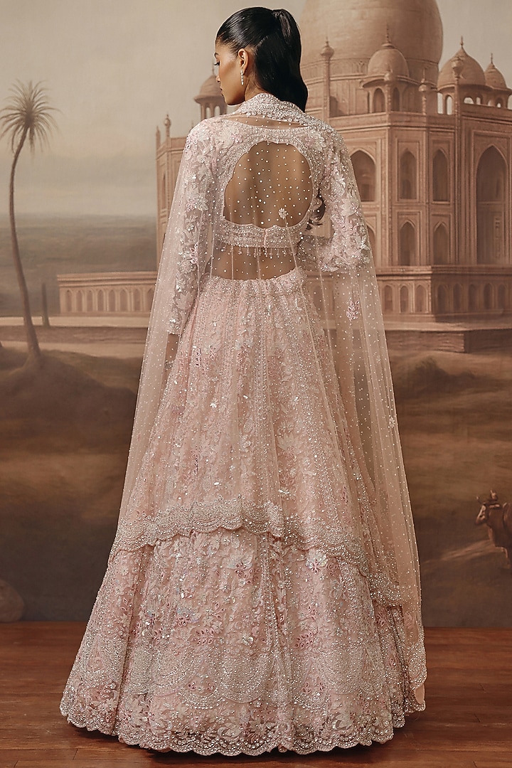 Soft Pink Net Floral & Sequins Embroidered Bridal Lehenga Set by SABE at Pernia's Pop Up Shop