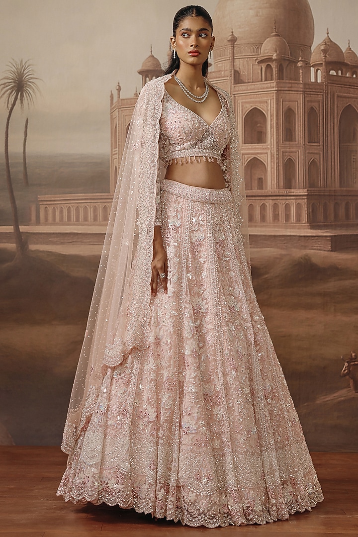 Soft Pink Net Floral & Sequins Embroidered Bridal Lehenga Set by SABE at Pernia's Pop Up Shop