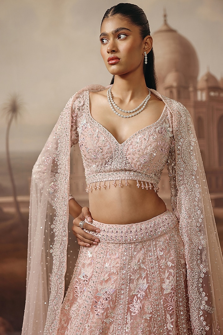 Soft Pink Net Floral & Sequins Embroidered Bridal Lehenga Set by SABE at Pernia's Pop Up Shop
