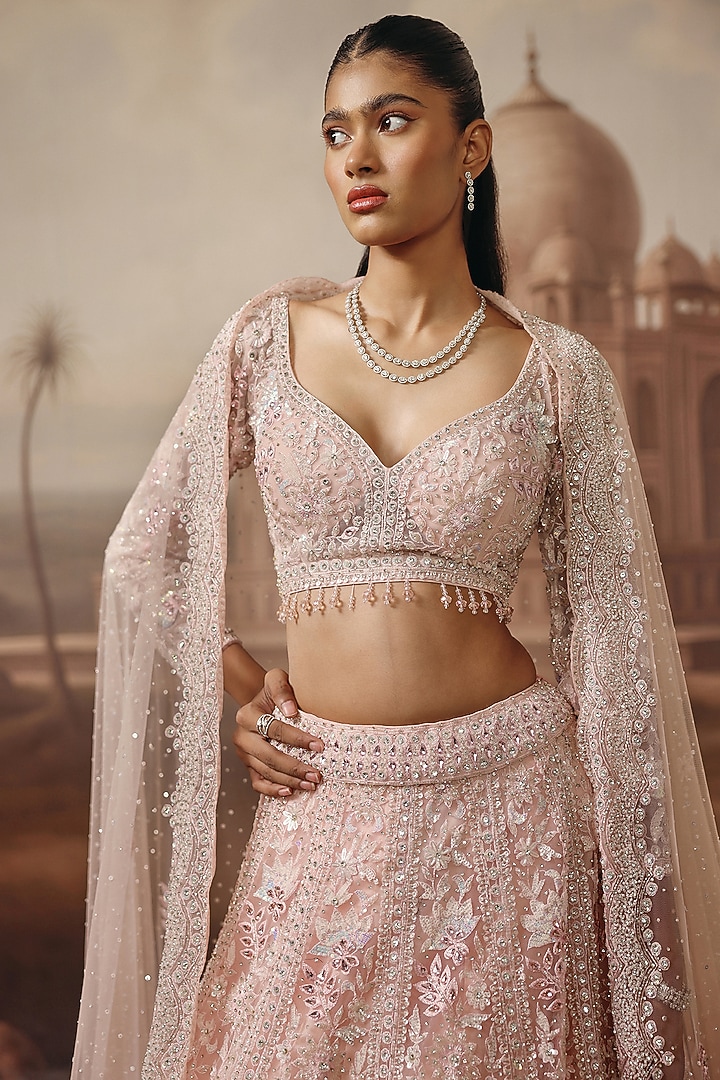 Soft Pink Net Floral & Sequins Embroidered Bridal Lehenga Set by SABE at Pernia's Pop Up Shop