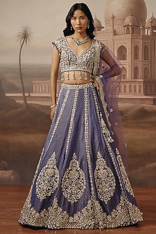 Mauve Tissue Sequins & Pearl Embroidred Lehenga Set by SABE