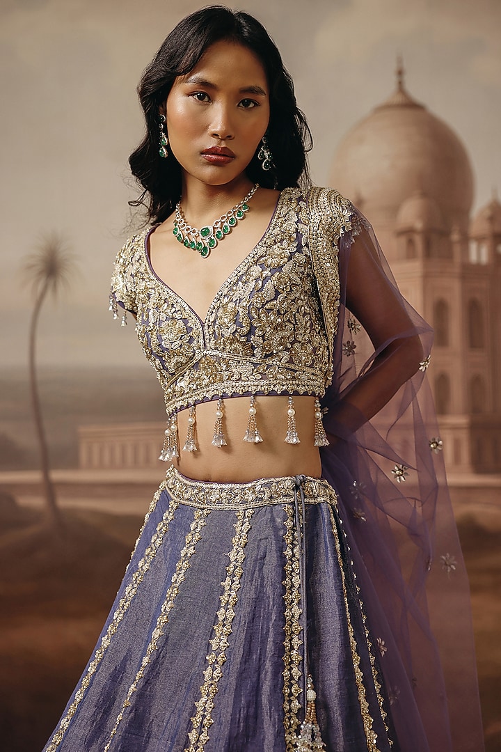 Mauve Tissue Sequins & Pearl Embroidred Wedding Lehenga Set by SABE at Pernia's Pop Up Shop
