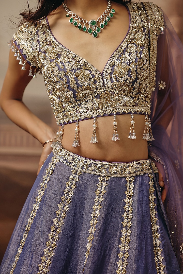Mauve Tissue Sequins & Pearl Embroidred Wedding Lehenga Set by SABE at Pernia's Pop Up Shop