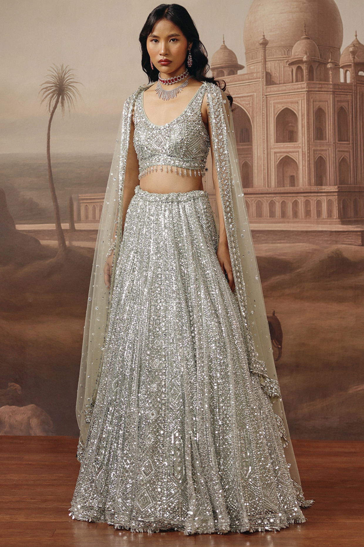 SABE Greenish Grey Net Swarovski Embroidered Lehenga Set