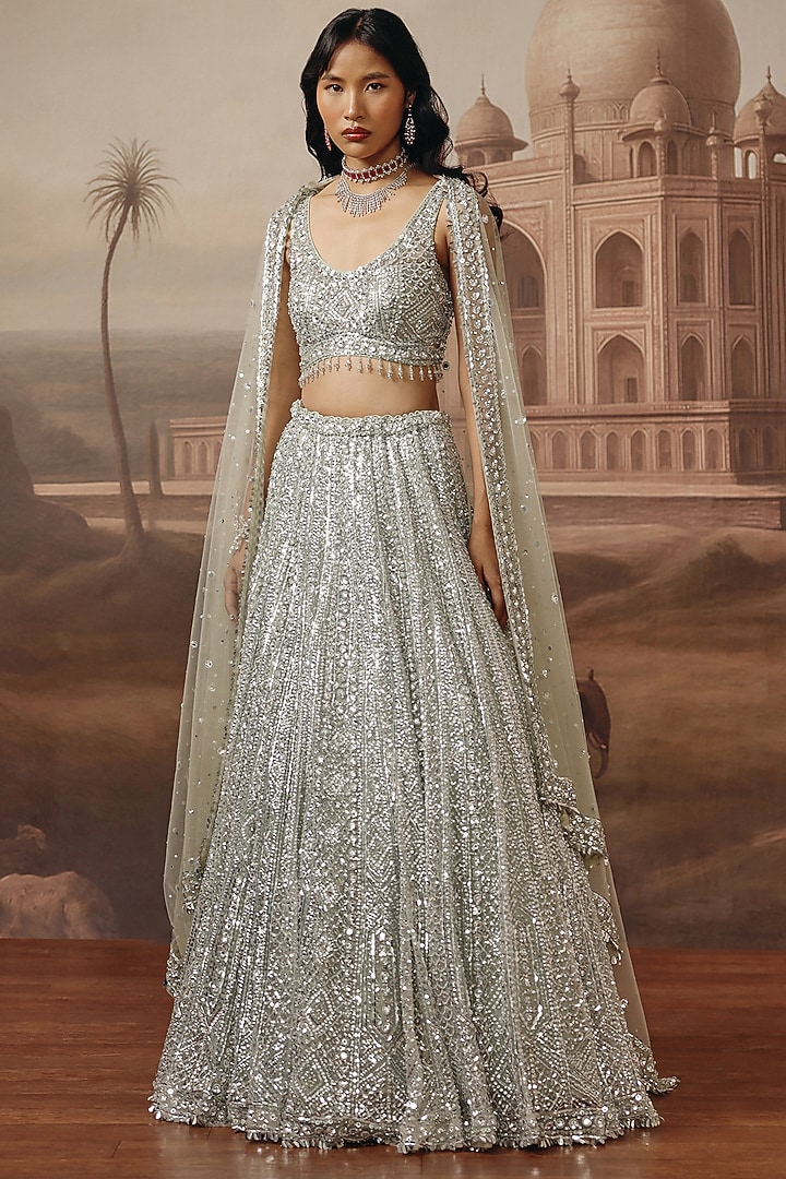 Greenish Grey Net Swarovski Embroidered Bridal Lehenga Set by SABE at Pernia's Pop Up Shop