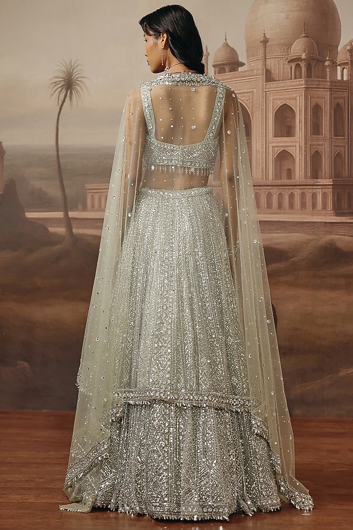 Greenish Grey Net Swarovski Embroidered Bridal Lehenga Set by SABE at Pernia's Pop Up Shop