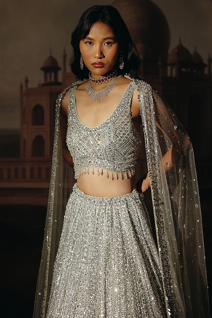 Greenish Grey Net Swarovski Embroidered Bridal Lehenga Set by SABE at Pernia's Pop Up Shop