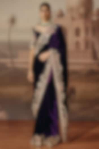 Purple Velvet Dabka Embroidered Reception Saree Set by SABE at Pernia's Pop Up Shop