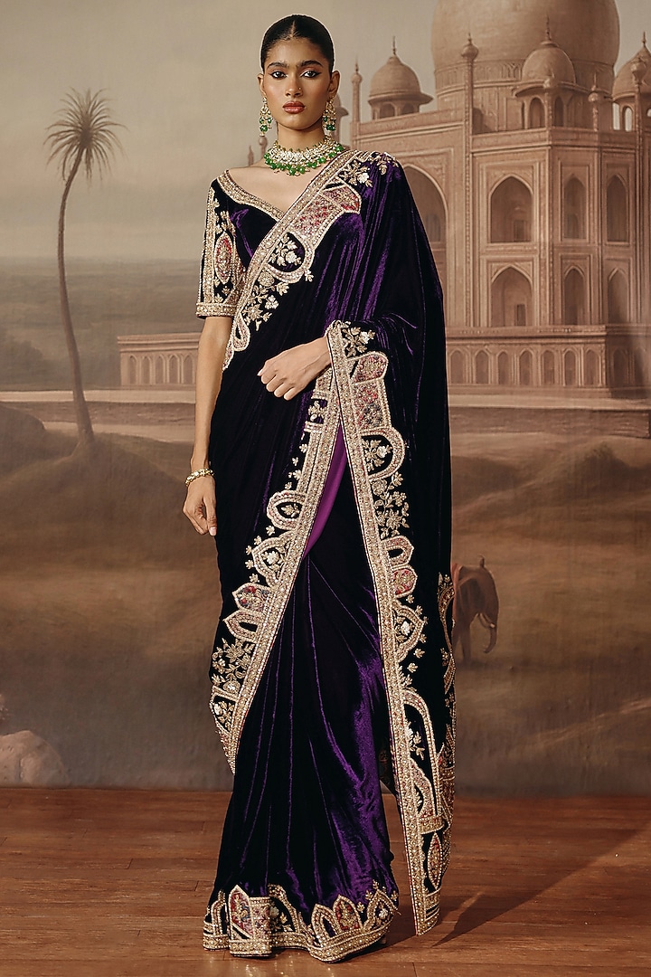 Purple Velvet Dabka Embroidered Reception Saree Set by SABE at Pernia's Pop Up Shop